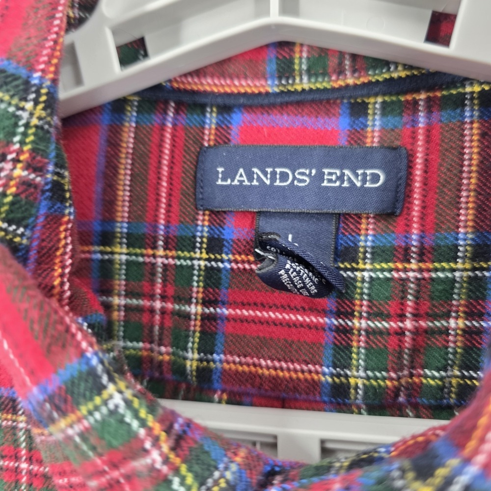 Lands' End Flannel Shirt Men's Large Red Plaid Traditional Fit Cotton Button - Picture 3 of 9